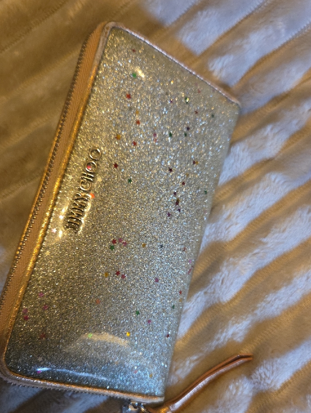 Jimmy CHOO Silver Glitter Zip-Around Wallet with Multicolor Star Accents